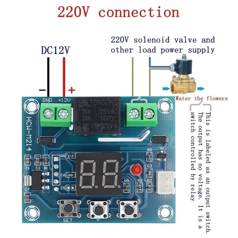XH-M214 modul 220V hálózatra csatlakoztatva az elektromos szelep vezérléséhez