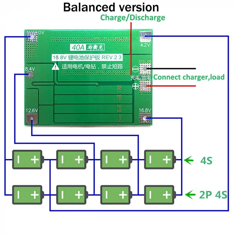 BMS 4S 40A modul kapcsolási diagramja Részletes csatlakozási diagram Li-ion 4S akkumulátor védelmi modulhoz