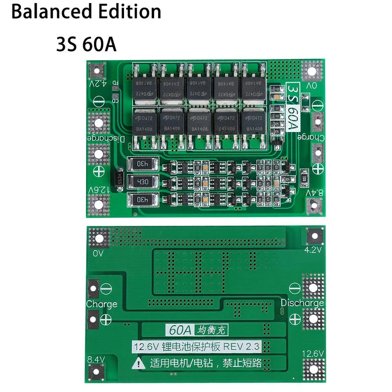 10 MOSFET-tel rendelkező BMS, maximális áram 60A, intelligens kiegyenlítés