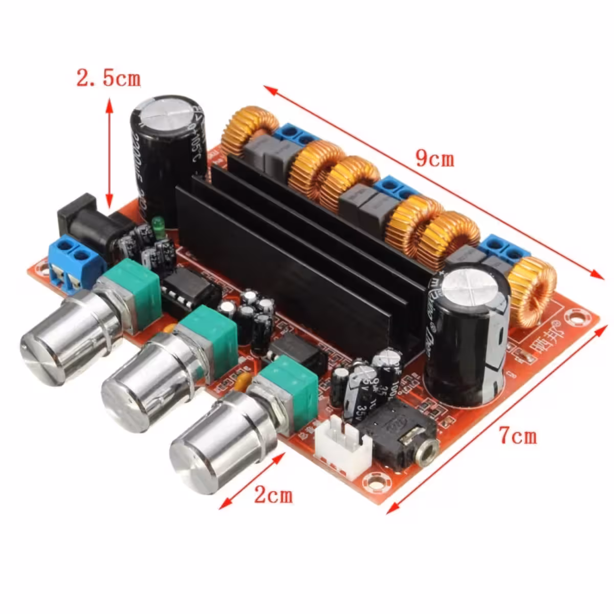 Zbliżenie przycisków głośności i tonu na module XH-M139