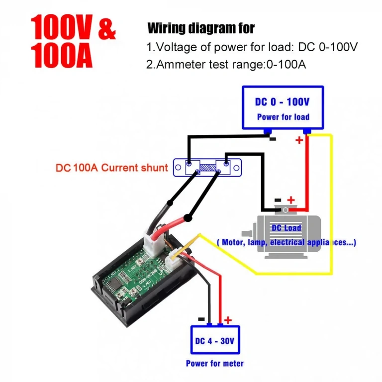 Schemat montażu woltomierza/amperomierza dla zasilania do 100V DC Diagram połączeń dla wysokiego napięcia (do 100V) woltomierza cyfrowego