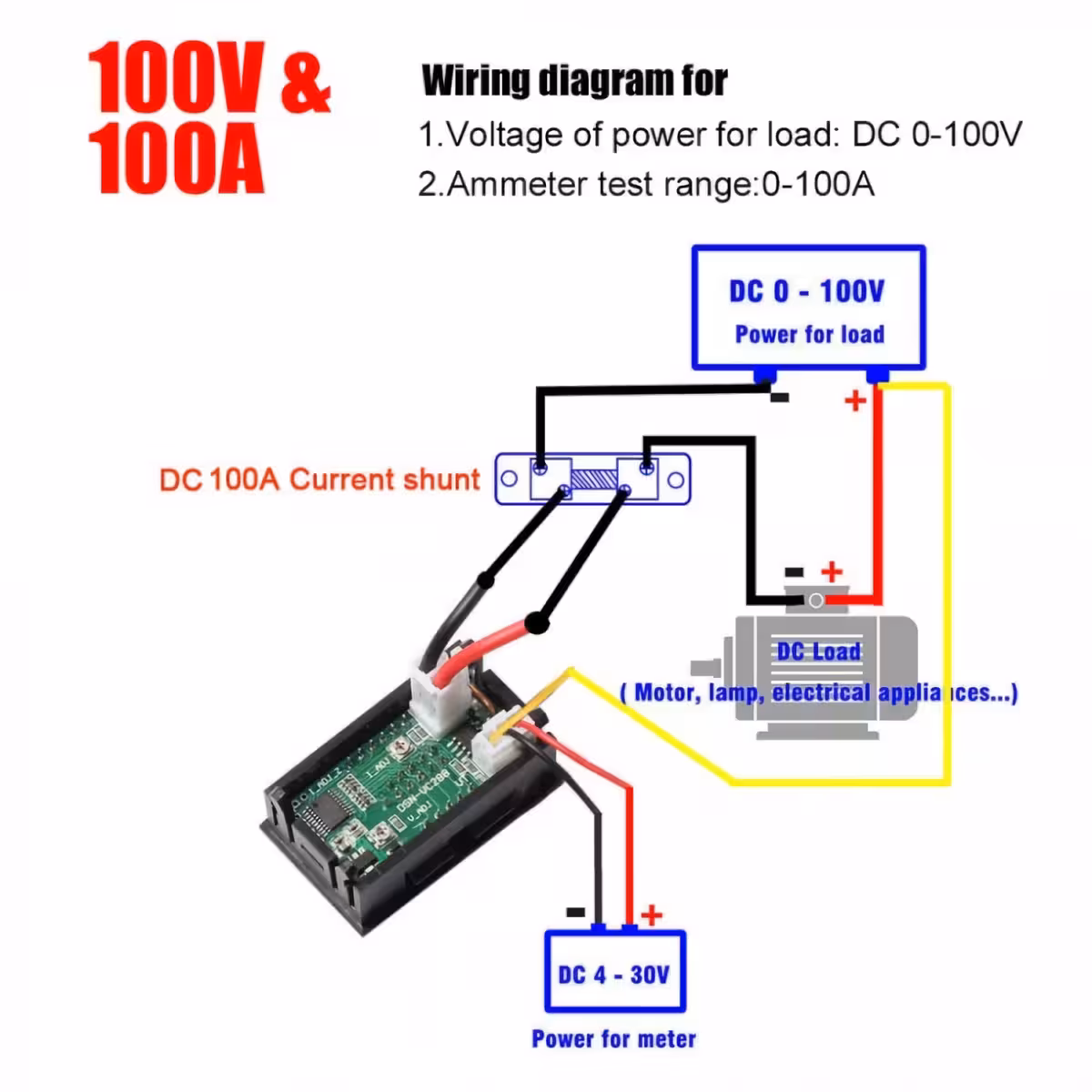 Diagram połączeń dla wysokiego napięcia (do 100V) woltomierza cyfrowego
