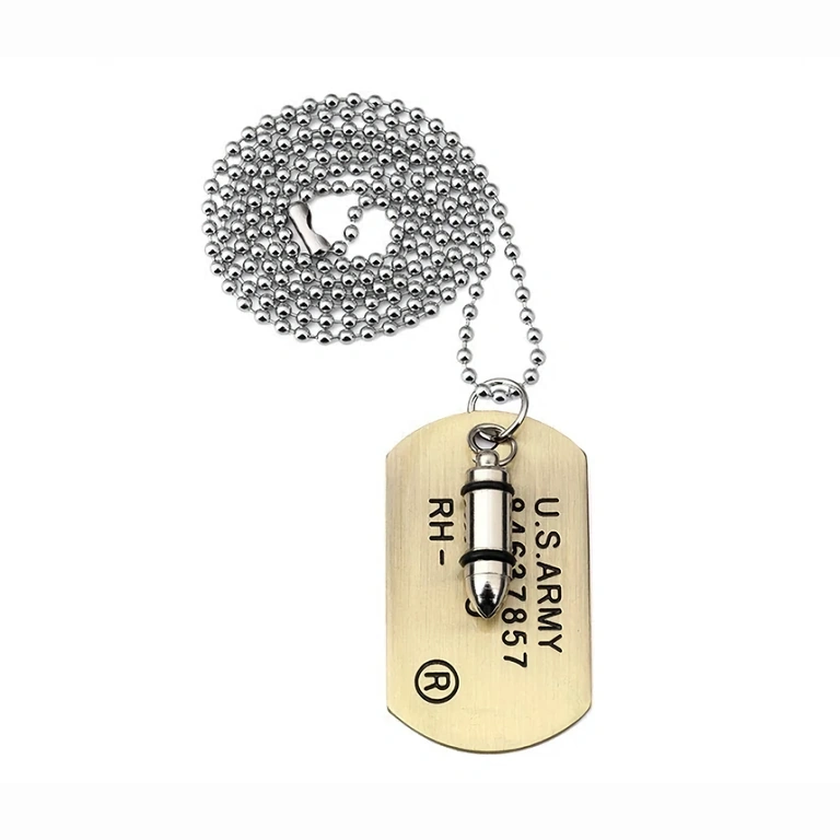 Długi łańcuch 70 cm z wisiorkiem pocisku i metalową blaszką dog tag