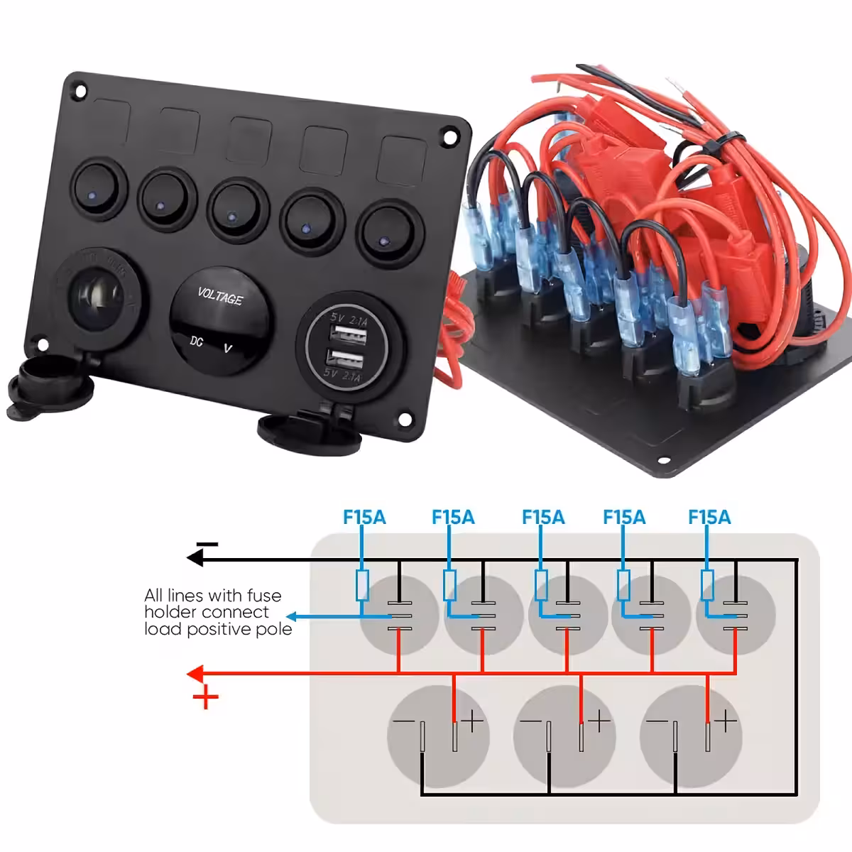 Panel z gniazdem 12V do zapalniczki, przełącznikami on/off i woltomierzem do aut i innych pojazdów
