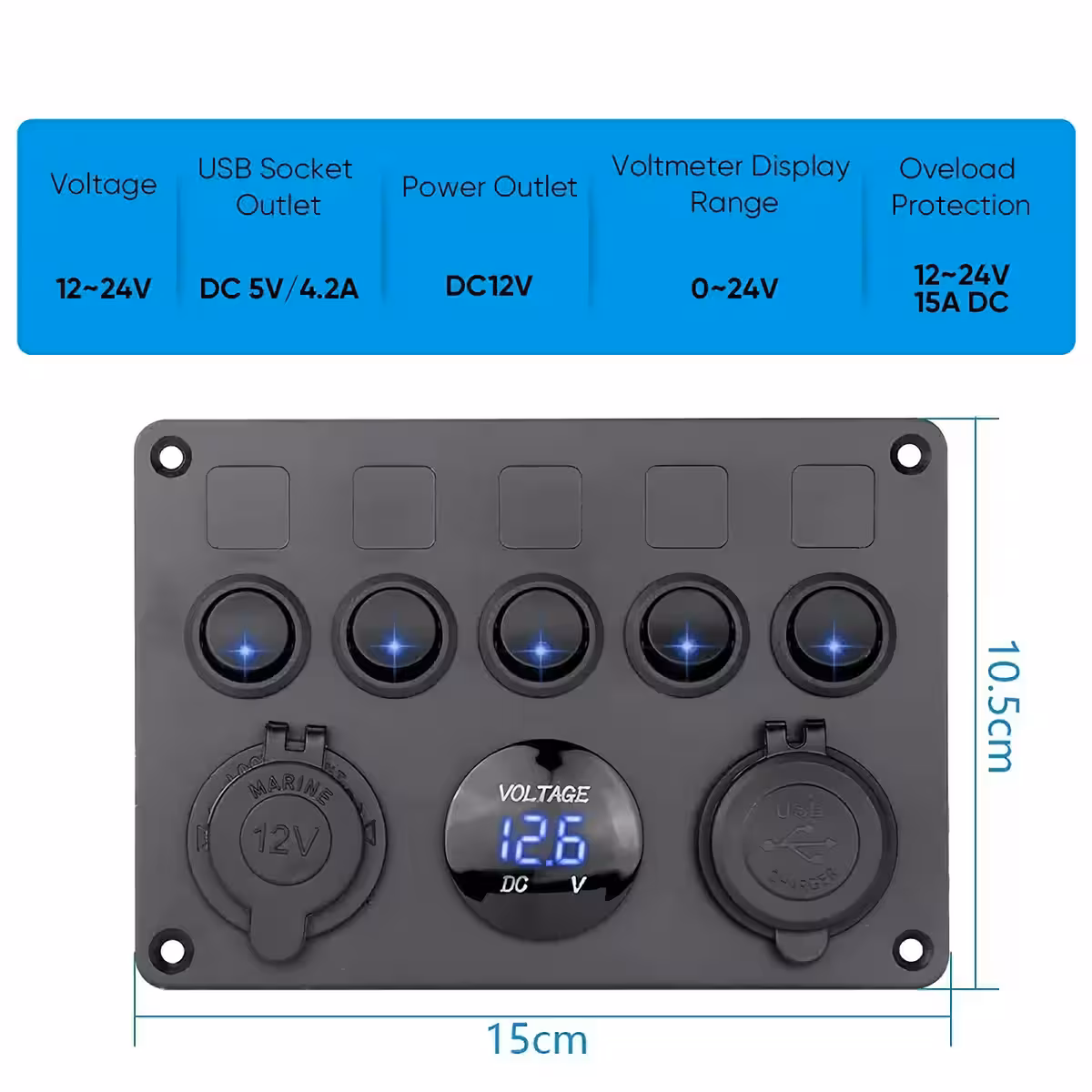 Panel z przełącznikami on/off z LED, podwójną ładowarką USB i woltomierzem, idealny do aut i maszyn