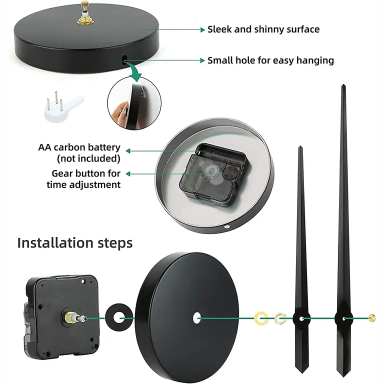 Duży zegar 3D z czarnymi błyszczącymi cyframi, cicha praca