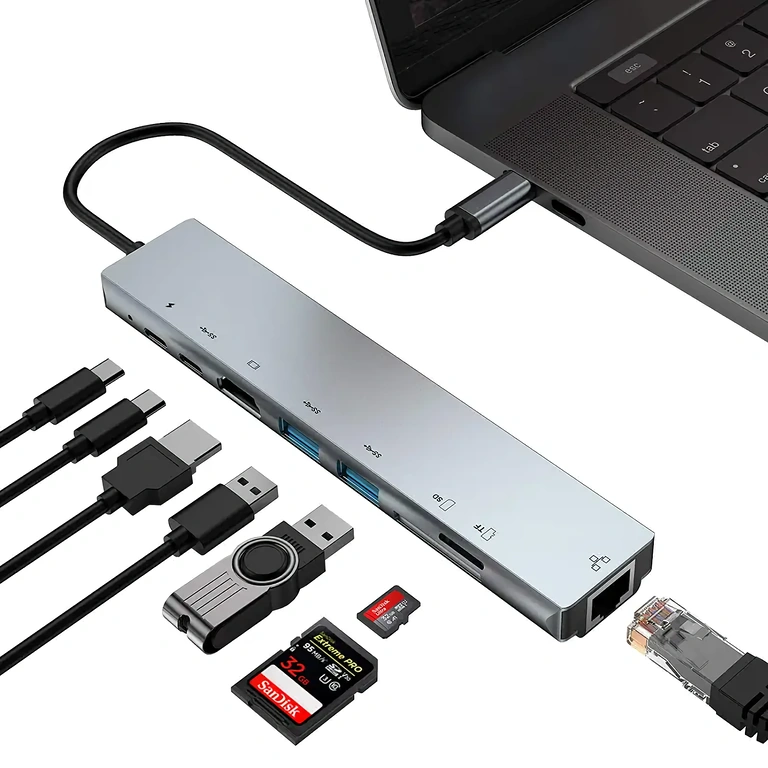Wielofunkcyjny adapter USB-C do laptopa Adapter USB-C z HDMI, RJ45, USB i czytnikiem kart dla laptopów