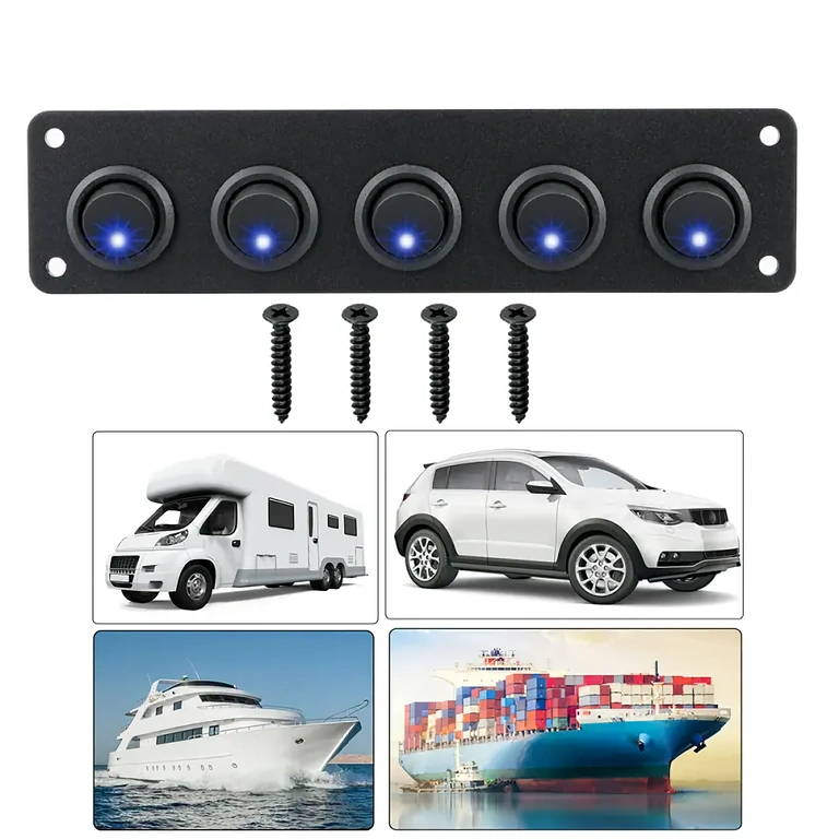 Panel zamontowany w desce rozdzielczej auta Przykład montażu panelu z przełącznikami w desce rozdzielczej samochodu