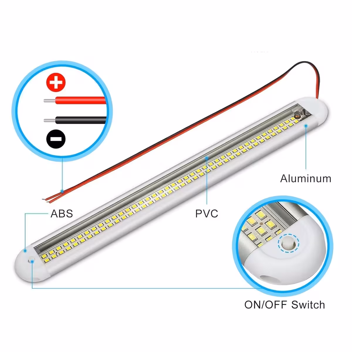 Karta techniczna pokazująca materiały lampy LED: obudowa z tworzywa sztucznego i podstawa z aluminium