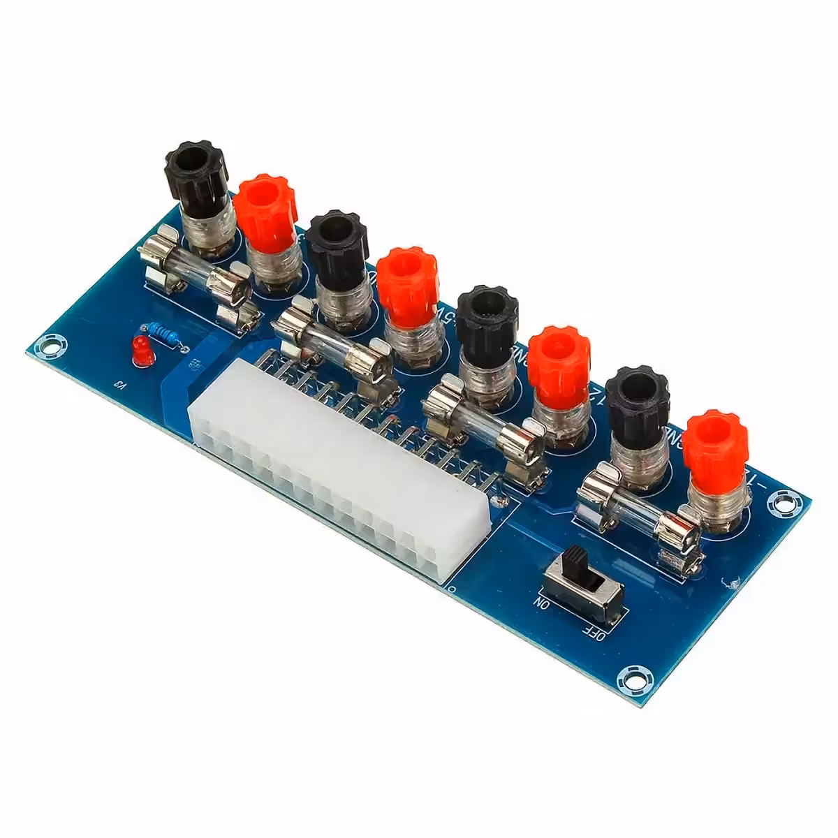 Płytka dystrybucji napięcia ze źródła ATX z oznaczonymi wtyczkami