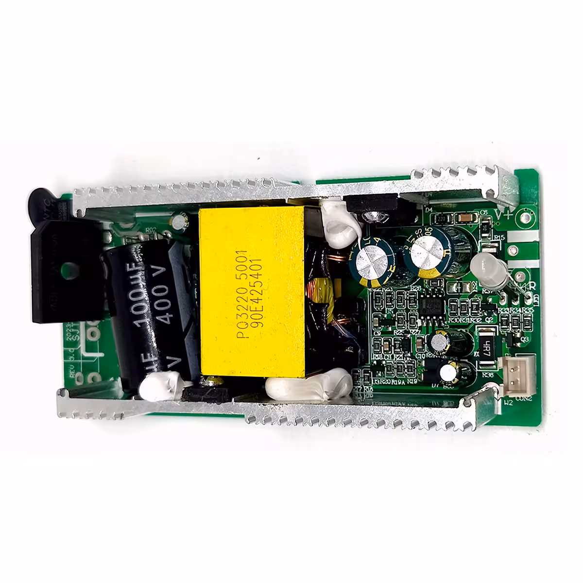 Płytka elektroniczna wewnątrz ładowarki 60V Li-Ion 2A – szczegóły komponentów i zabezpieczeń