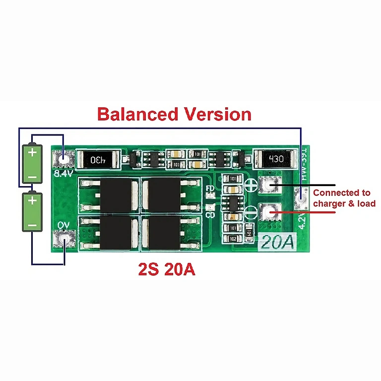 Schema detaliată de conectare pentru modul BMS 2S 20A 7.4V cu balansare, arătând legăturile pentru baterii și ieșiri.